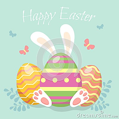 Happy Easter. Easter egg with bunnys ears. Greeting card in flat style Vector Illustration